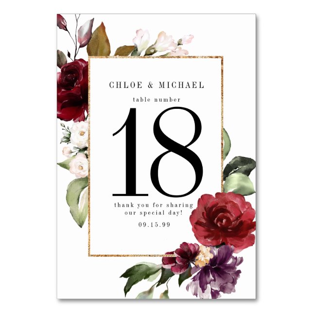 Burgundy Red Watercolor Floral Wedding Table Number (Front)