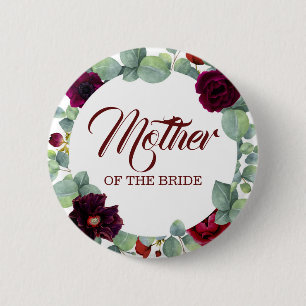 Burgundy Red Watercolor Flowers Eucalyptus Wedding 6 Cm Round Badge