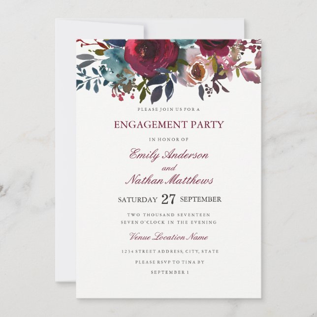 Burgundy Red Watercolor Wedding Engagement Party Invitation (Front)