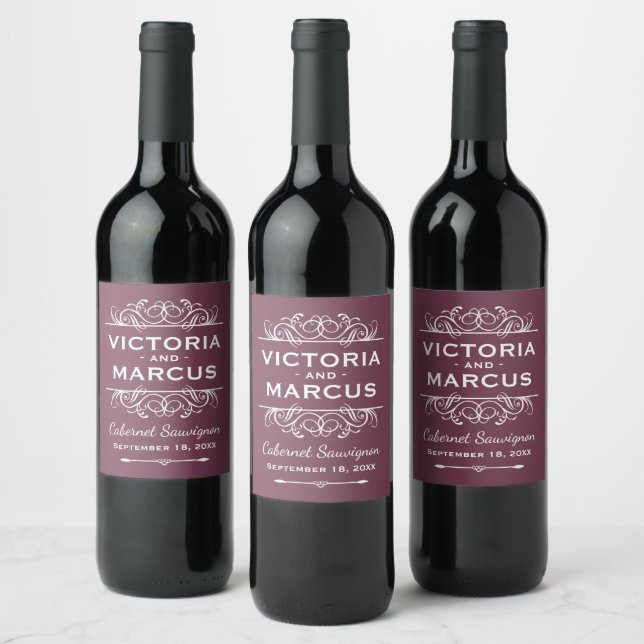 Burgundy Red Wedding Monogram Wine Bottle Favour Wine Label (Bottles)