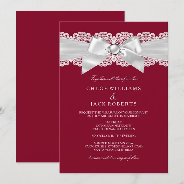 Burgundy Red Wedding White Pearl Bow Wedding Invitation (Front/Back)