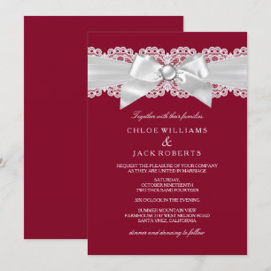 Burgundy Red Wedding White Pearl Bow Wedding Invitation