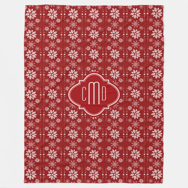 Burgundy Red & White Abstract Christmas Snowflakes Fleece Blanket (Front)