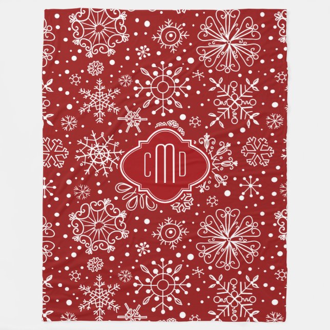 Burgundy Red & White Christmas Snowflakes Fleece Blanket (Front)