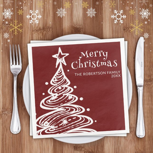 Burgundy Red White Christmas Tree Christmas Party Napkin (Creator Uploaded)