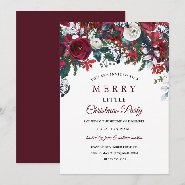 Burgundy Red White Floral Christmas Party Invitation (Front/Back)
