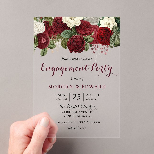 Burgundy Red White Floral Engagement Party Acrylic Invitations (Insitu (Handheld))