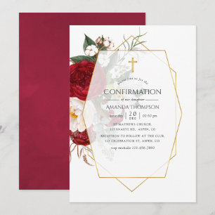 Burgundy Red & White Floral Geometric Confirmation Invitation