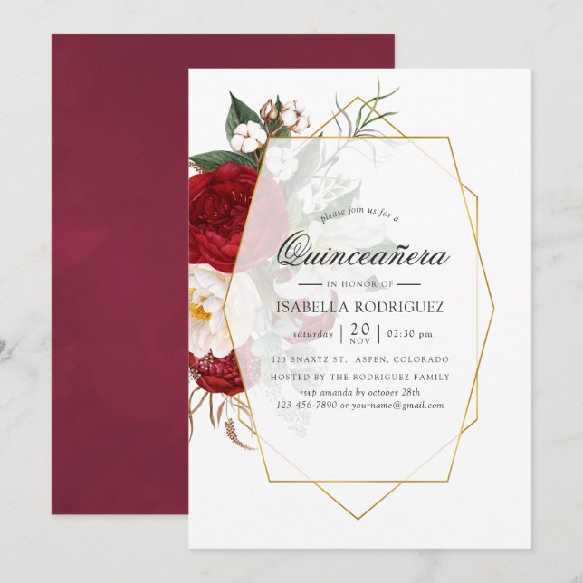 Burgundy Red & White Floral Geometric Quinceañera Invitation (Front/Back)