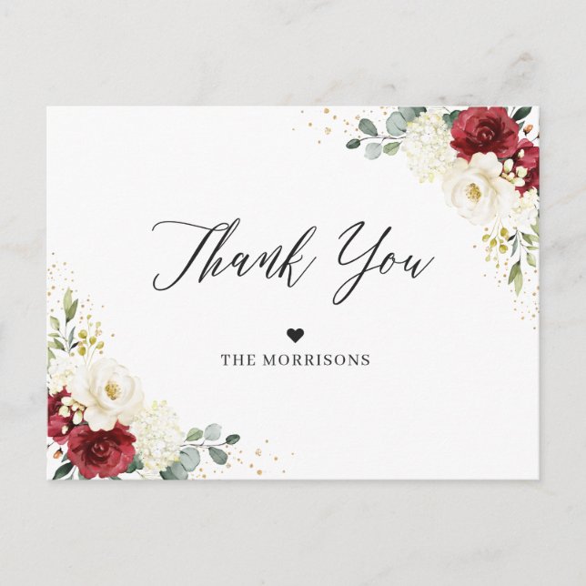 Burgundy Red White Floral Gold Confetti Thank You Postcard (Front)