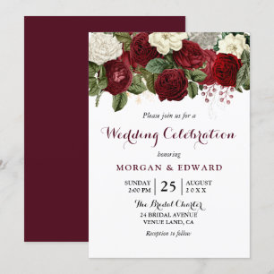 Burgundy Red White Floral Wedding Celebration Invitation