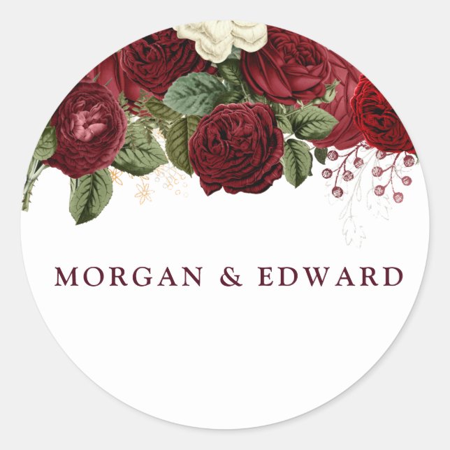 Burgundy Red White Floral wedding Engagement Classic Round Sticker (Front)