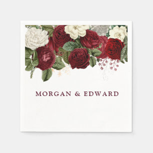 Burgundy Red White Floral Wedding Engagement Napkin