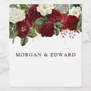 Burgundy Red White Floral Wedding Engagement Wine Label