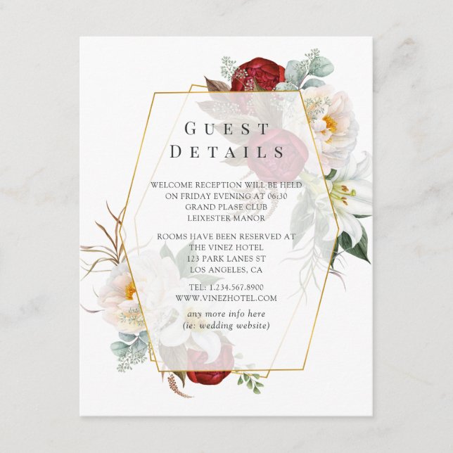 Burgundy Red & White Floral Wedding Guest Details Enclosure Card (Front)