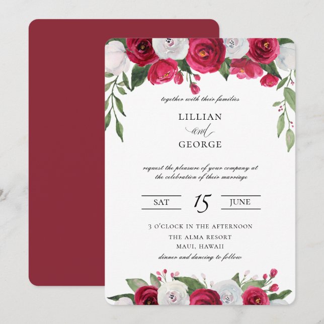 Burgundy Red White Floral Wedding Invitation (Front/Back)