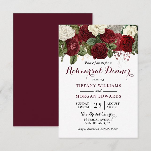 Burgundy Red White Floral Wedding Rehearsal Dinner Invitation (Front/Back)