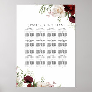 Burgundy Red White Floral Wedding Seating Chart