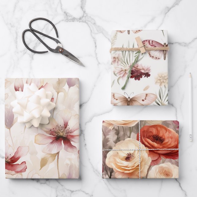 Burgundy Red White Flowers Butterflies Wrapping Paper Sheet (Front)