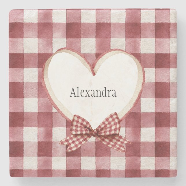 Burgundy Red White Heart Ribbon Birthday Stone Coaster (Front)