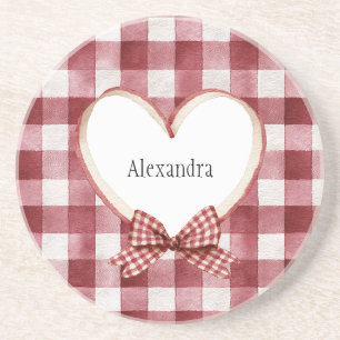 Burgundy Red White Heart Ribbon Valentine's Day Coaster