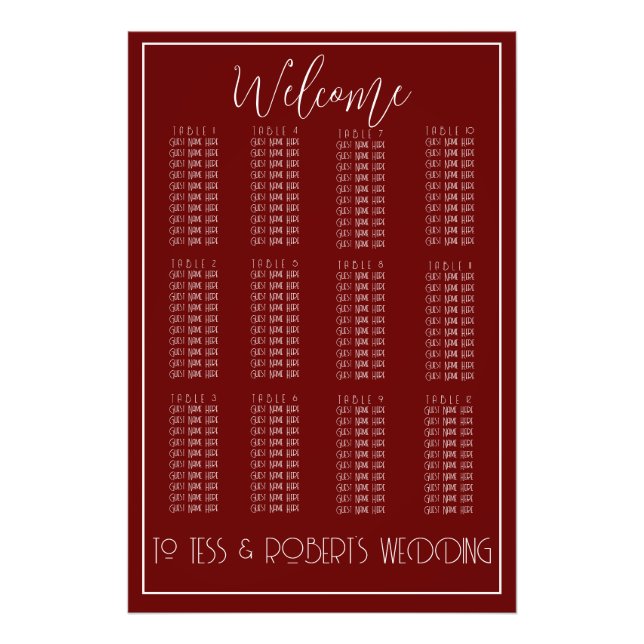 Burgundy Red  White Minimalist Seating Chart Print (Front)