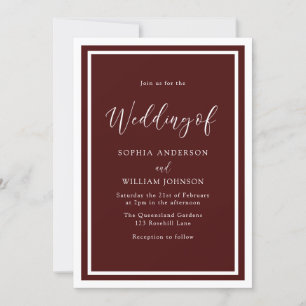 Burgundy Red White Modern Elegant Simple Wedding Invitation