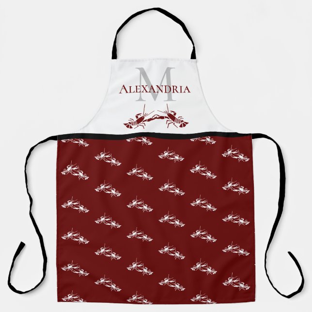 Burgundy Red White Monogram Name Lobster Pattern Apron (Front)