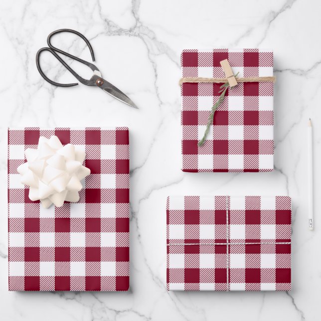 Burgundy Red White Plaid Pattern Wrapping Paper Sheet (Front)