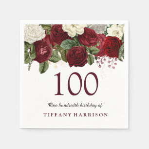 Burgundy Red White Rose 100th Birthday Party Napkin