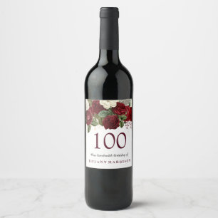 Burgundy Red White Rose 100th Birthday Party Wine Label
