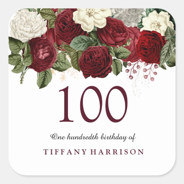 Burgundy Red White Rose 100th Birthday Sticker (Front)