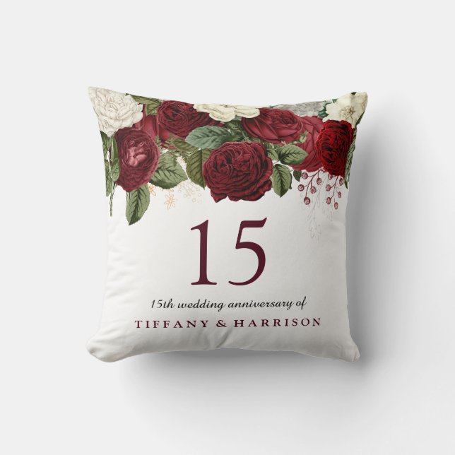 Burgundy Red White Rose 15th Wedding Anniversary Cushion (Front)