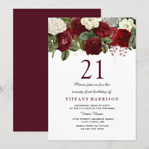 Burgundy Red White Rose 21st Birthday Party Invite