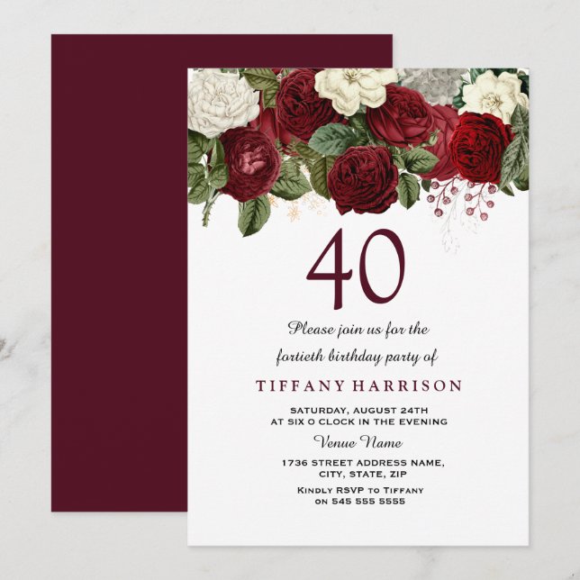Burgundy Red White Rose 40th Birthday Party Invite (Front/Back)