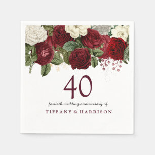 Burgundy Red White Rose 40th Wedding Anniversary Napkin