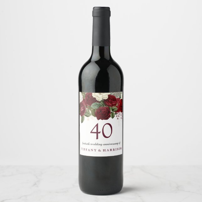 Burgundy Red White Rose 40th Wedding Anniversary Wine Label (Front)