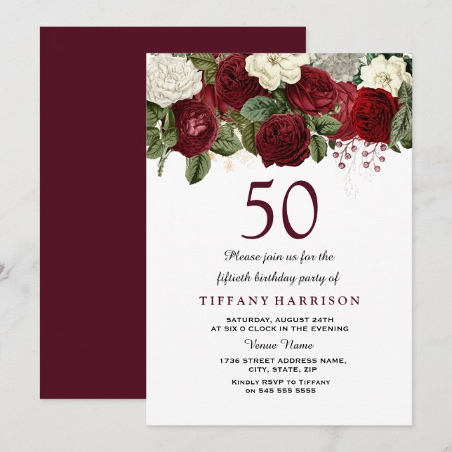 Burgundy Red White Rose 50th Birthday Party Invite (Front/Back)