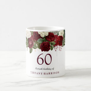 Burgundy Red White Rose 60th Birthday Favour Gift Coffee Mug
