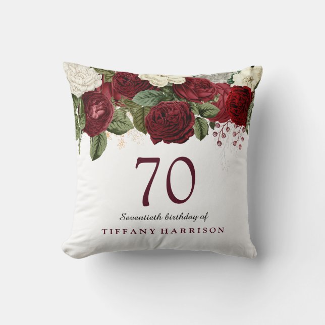Burgundy Red White Rose 70th Birthday Gift Cushion (Front)