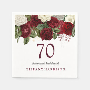 Burgundy Red White Rose 70th Birthday Party Napkin