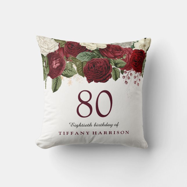 Burgundy Red White Rose 80th Birthday Gift Cushion (Front)
