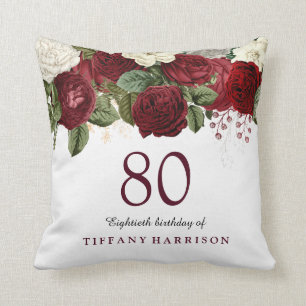 Burgundy Red White Rose 80th Birthday Gift Cushion