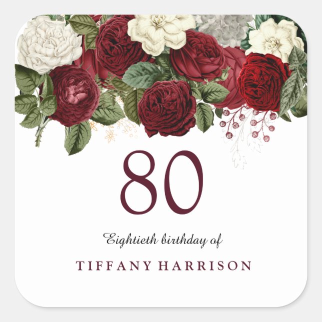 Burgundy Red White Rose 80th Birthday Sticker (Front)
