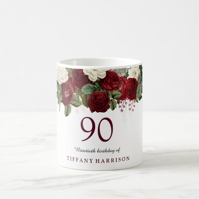 Burgundy Red White Rose 90th Birthday Favour Gift Coffee Mug (Center)