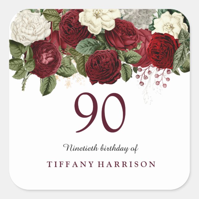 Burgundy Red White Rose 90th Birthday Sticker (Front)