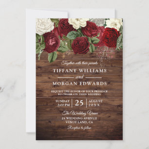 Burgundy Red White Rose Rustic Wedding Invite