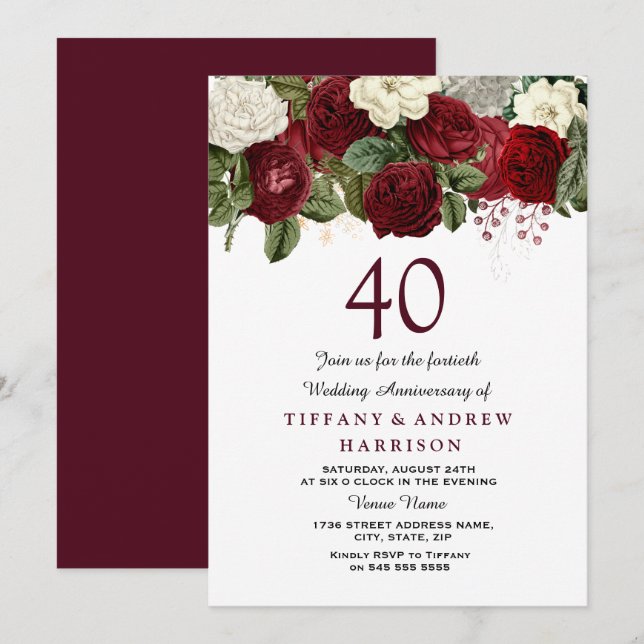 Burgundy Red White Roses 40th Wedding Anniversary Invitation (Front/Back)