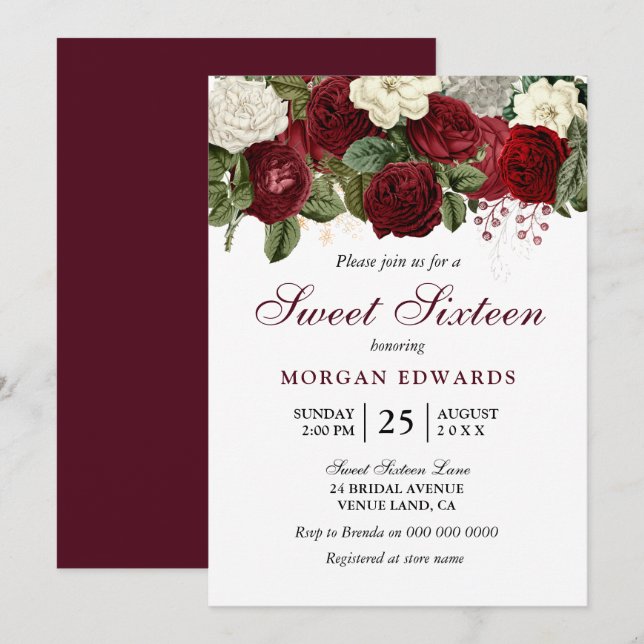 Burgundy Red White Roses Sweet 16 Invite (Front/Back)