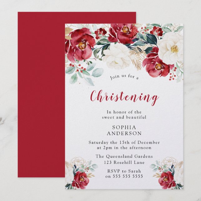 Burgundy Red White Shimmer Christening Baptism  Invitation (Front/Back)